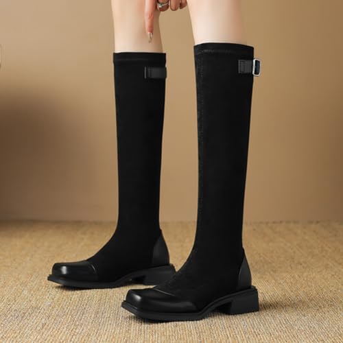 Women’s Knee High Stretch Boots Comfortable Low Heels Faux Suede Slip on Square Toe Tall Shaft Boot4
