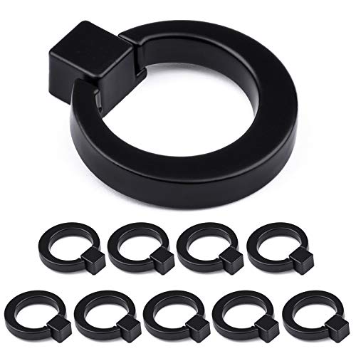 WEAVERBIRD Round Cabinet Knob Matte Black Ring Pull Handles Single Hole for Kitchen Drawer, 1.57\" Diameter- Pack of 10