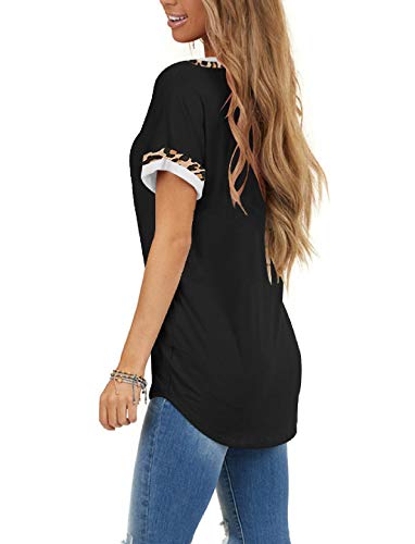 Fallorchid Women's Short Sleeve Tops Leopard Print Color Block Tunics Casual V-Neck Shirts (A-Black,Medium) #TOP2