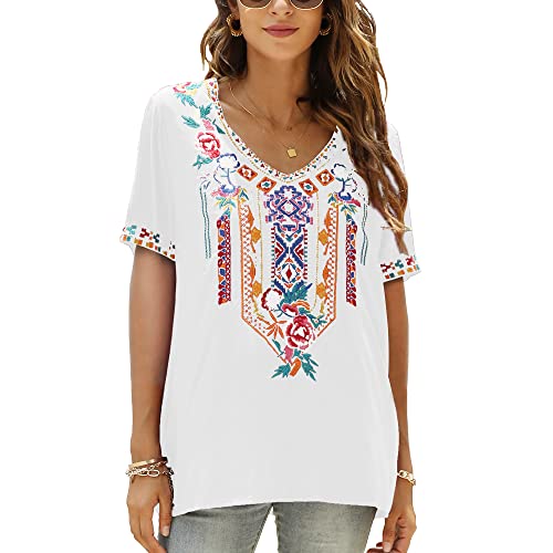 Grosy Plus Size Mexican Embroidered Peasant Blouse, Loose Fit Bohemian Short Sleeve Top for Women, Summer Vacation T-Shirt by Grosy - Used condition - Image 3