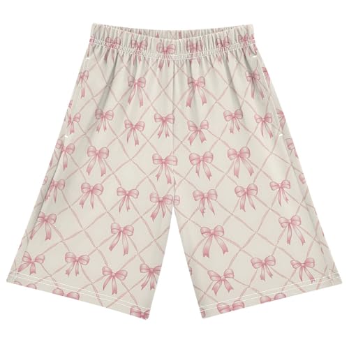Pink Bow Rhombus Plaid Pattern Sleep Shorts Summer Pajama Shorts Elastic Waist Sleep Bottoms with Pockets 6-14 Years