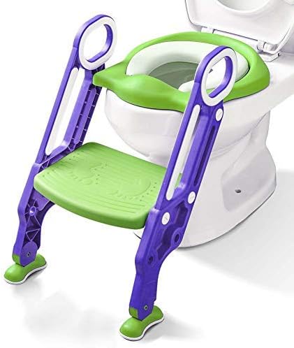 Potty Training Seat with Step Stool Ladder and Handles for Baby Toddler Kid Children Boys and Girls Toilet Training Chair with Padded Soft Cushion and Non-Slip Wide Step (Green Purple)