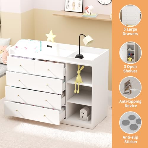 Image of 47.2 inch White Nursery Dresser with 5 Drawers and 3 Open Shelves Changing Table Dresser with Changing Table Top Diaper Changing Station with Storage for Nursery Children's Room