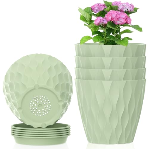 Meowell 6 inch Plant Pots, 5 Set Water Ripples Flower Pots for Indoor Outdoor Plants, Plastic Planters with Drainage Holes and Saucers, Nursery Pots for Small Succulent Garden House Plants, Green