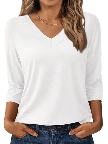 3/4 Length Sleeve Womens Tops V Neck Casual Tunic Loose Fit Basic Shirts Trendy Tops for Women 2026 White XL