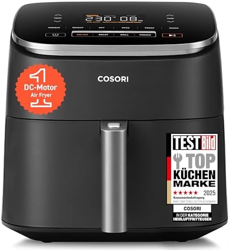 Cosori TurboBlaze Airfryer, 9-in-1 Air Fryer XXL 6L, quiet DC motor with 5 fan speeds, Roast, Grill, Bake, Proof, Dehydrate, Frozen, 87 recipes, 64% energy saving, 95% less oil, even&crispy results
