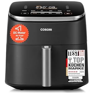 Cosori Turboblaze Airfryer Heißluftfritteuse, 9-in-1 Air Fryer XXL 6L, leiser DC Motor mit 5 Geschwindigkeitsstufen, Grillen, Backen, Gären, Dehydrieren, Tiefkühlen, 87 Rezepte, 64% energiesparend