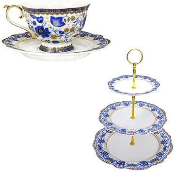 ACMLIFE Bone China Tea Cups and Saucers, 3 Tier Cupcake Stands for Dessert Table, Blue and White