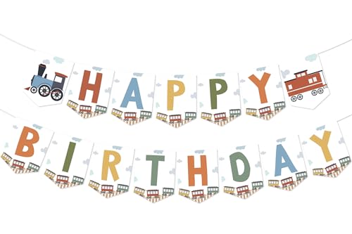 Sursurprise Train Birthday Banner, Retro Train Happy Birthday Banner Decorations, Railroad Steam Modern Train Birthday Party Supplies