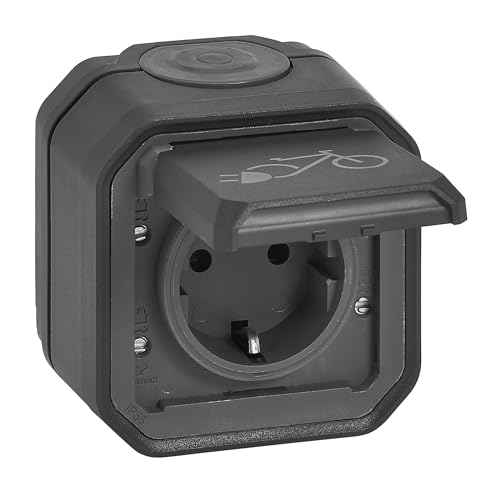 LEGRAND, Plexo New 069784L Prise de courant pour pièces humides, charge depuis les vélos électriques et les deux-roues électriques, norme Schuko, connexion automatique, avec couvercle rabattable et