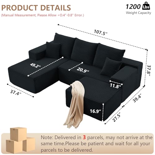 Image of 107 inch Modular Sectional Sofa with Ottoman, Modern Corduroy Cloud Couch with Deep Seat, Boneless Couch Upholstered 3-Seater U-Shaped Sofa for Living Room, No Assembly (Black, Left-Facing Chaise)