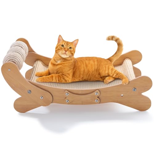 ondware Large Sisal Cat Scratcher Bed Hammock, Wooden Cat Lounge Pad with 3 Sisal Balls, Durable Scratch Board for Indoor Cats, Furniture Protector
