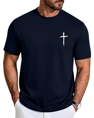 Image of AIYINO Unisex Cotton Tee, Cross Print Crew Neck Mens Tshirt Tops Navy M
