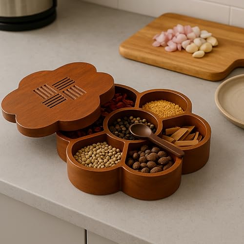 Image of Ikari Homes Wooden Masala Box, Round Shape Spice Container with 7 Compartments and Lid I Healthy & Plastic Free I Magnetic Closure I Hand crafted Carved Design I Big Size 10 in x 4 in