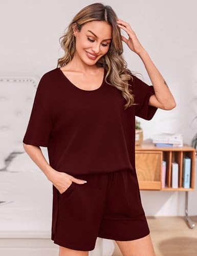 Totatuit Summer Lounge Sets for Women 2 Piece Outfits Oversized U Neck Top and Shorts Set Casual Matching Pajamas for Airport and Vacation Wine Red Small — view 3