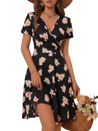 Image of MSBASIC Womens Summer Wrap V Neck Casual Dresses Floral Short Sleeve A-Line Midi Sundress