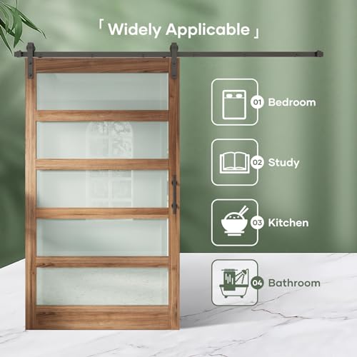 Image of FREDBECK 48 x 84 inch Glass Barn Door with 8FT Barn Door Hardware Kit & Handle Included,5-Panel Frosted Glass,Wood Panel, Water-Proof Surface,Pre-Drilled Holes,Need Assembly