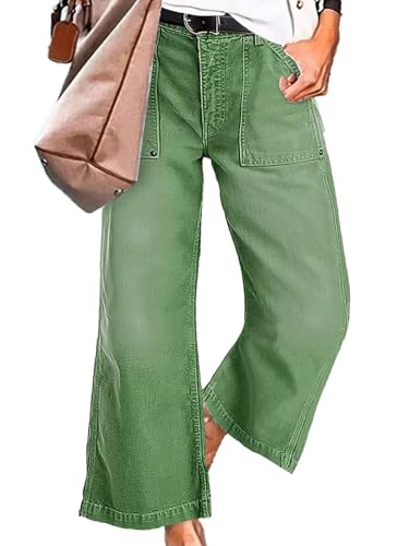 Flamingals Straight Wide Leg Jeans for Women Mid Waisted Casual Raw Hem Denim Capris Pants with Pockets