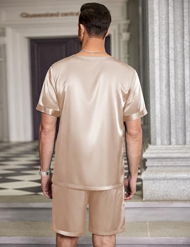 Image of Ekouaer Mens Pajamas Set Silk Satin Pjs Sets Summer Short Sleeve Button Down Sleepwear 2 Piece Loungewear with Pockets