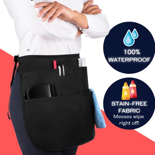 Supplymaid Waterproof Server's Apron With 5 Pockets & Speed Buckle Closure - Black Waitress Server Stain-Proof Bistro Bartender Work Apron For Pens, Notepads, Straws, Server Book, Bar Towel, Tips #TOP1