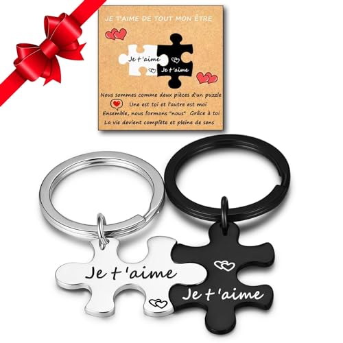 Cadeau couple - Couple Porte-clés - 2PCS Porte-clés Couple，Gravé Je t'aime Cadeau Saint-Valentin Anniversaire Noël Femme Homme
