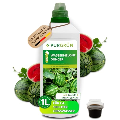 Purgrün® Bio-Wassermelone-Dünger 1 Liter – Saftig-süße Wassermelonen dank Spezial-Rezeptur – Premium-Flüssigdünger für den Bio-Anbau – Ohne tierische Inhaltsstoffe – Konzentrat für 100 Liter Wasser