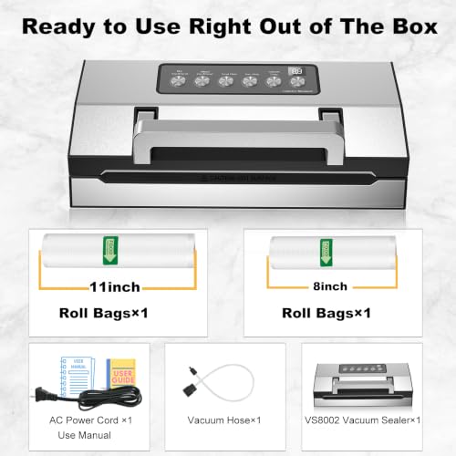 Image of Powerful Suction Vacuum Sealer for Food, Vacapex Precision Vacuum Sealer Machine Pro, Dual Heat Seal, Dry & Moist Modes, One-Touch Operation, Built-In Cutter & Bag Storage, 2 Rolls & Hose Included