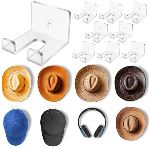 NiHome 8 Stück Acryl Hut-Organizer，Wandhalterung für Cowboyhüte, Baseballkappen und mehr, Selbstklebende Hut-Haken, Cap Halterung Wand，platzsparender Kappenhalter, zwei Installationsoptionen（Klarem）