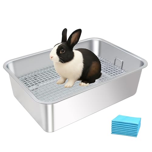 HUQIZOO Stainless Steel Rabbit Litter Box,Bunny Litter Pan with Widened Grid,Toilet Tray,Deep Waste Storage