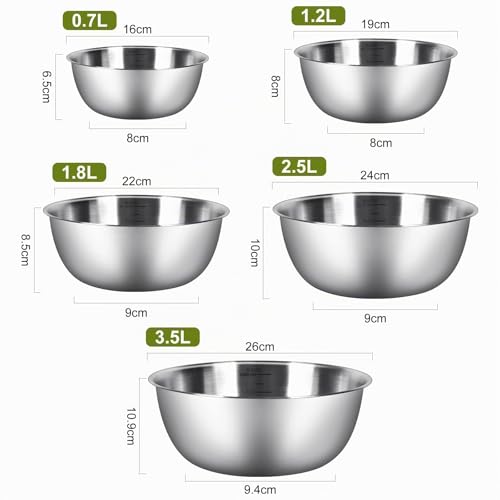 Miniatura 3 de Gucass Juego De 5 Bol Acero Inoxidable 0,7 L A 3,5 L , Ensaladera De Acero Inoxidable, Bol Cocina Apilables, Apto Para Lavavajillas Para Preparar, Servir Y Cocinar