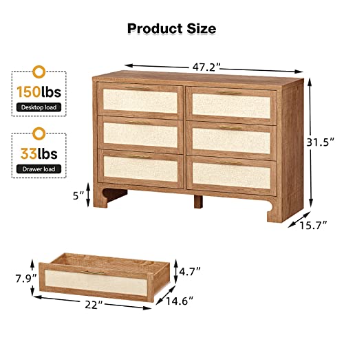 6-Drawers-Dresser-for-Bedroom-Mid-Century-Modern-Dresser-Wooden-Burlap-Dressers-Storage-Cabinet-Boho-Wide-Dresser-Chest-of-Drawers-with-Wood-Legs-for-Bedroom-Living-Room-TV-Stand-Nursery 6 Drawers Dresser for Bedroom Mid Century Modern Dresser Wooden Burlap Dressers Storage Cabinet Boho Wide Dresser Chest of Drawers with Wood Legs for Bedroom Living Room TV Stand Nursery
