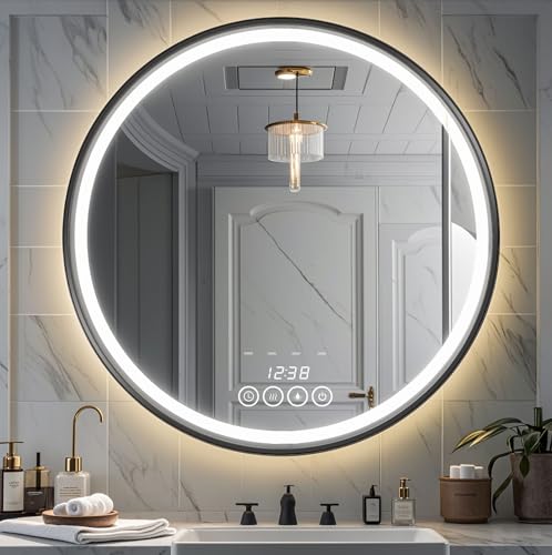 Msrorriw 24 Inch Wall-Mounted Round Bathroom Mirror with LED-Lights - Frame Vanity Mirrors (24' x...