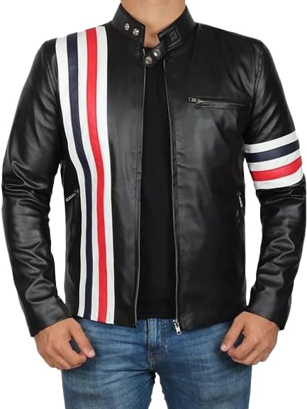 Image of Men's Leather Jacket Cafe Racer Biker Style Retro Stripes Jacket, Motorcycle Racing Leather Jacket Men