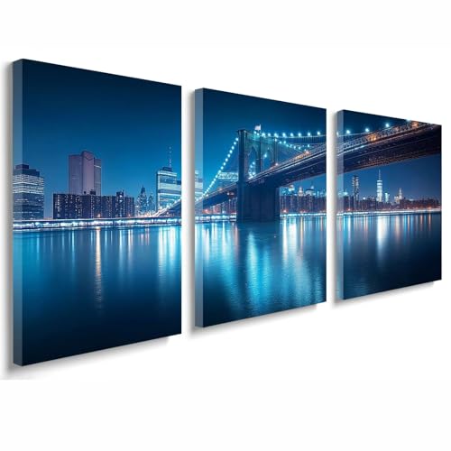 Cuadros Decoracion Salon Modernos, 3 Pcs Marco de Madera Cuadros Vista nocturna Posters para Pared Lienzo Pintura Puente Wall Art Imagen Decoracion Dormitorios Cocina Baño Pasillo 35x50 cm 1f-127