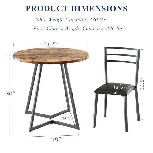 Image of VECELO Small Round Kitchen Table with 2 Upholstered Chairs, 3-Piece Wood Dinette Sets with Steel Frame for Breakfast Nook, Dining Room, and Small Space, Brown