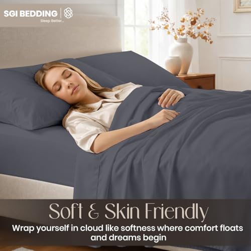 Image of SGI bedding 100% Egyptian Cotton Sheets Full Size - Premium Luxury Hotel Sheet Set, Cooling & Breathable, Ultra Soft, 15 inch Deep Pocket, 4 Piece Bedding Set, Dark Grey