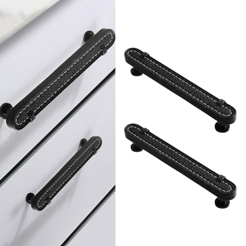 Image of 2 Pack Leather Cabinet Handle Pulls 5 inch Hand-Stitch Black Leather Drawer Pulls Dresser Handle Pulls for Cabinets Cupboards Dressers Drawers Bedroom Leather Pulls