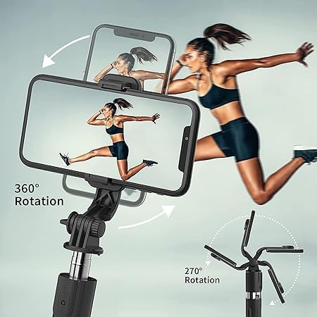 Image of Kratos Upgraded 2026 Extendable Selfie Stick Tripod Stand up to 100 cms Long, 360 Rotation, Compatible with iPhone, Samsung, Vivo, Redmi, Oppo, Gopro and All Smartphones with Bluetooth Remote