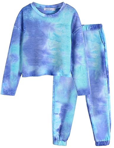 Image of Arshiner Girls 2 Piece Outfits Kids Tie Dye Sweatsuits Set Long Sleeve Shirt and Pants Set Size 5-14 Y