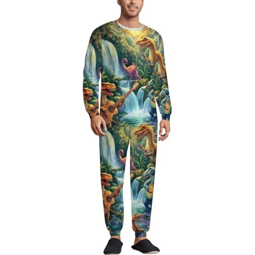 Funny Dinosaur Guitar Mens Pajamas Set Long Sleeve Sleepwear Pjs Set Shirts And Bottoms Sleep Sets Loungwear