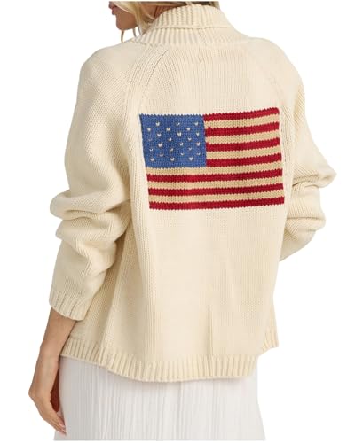 Women's American Flag Cardigan Long Sleeve Shawl Collar Button Down Fall Chunky Knit Varsity Sweater Beige
