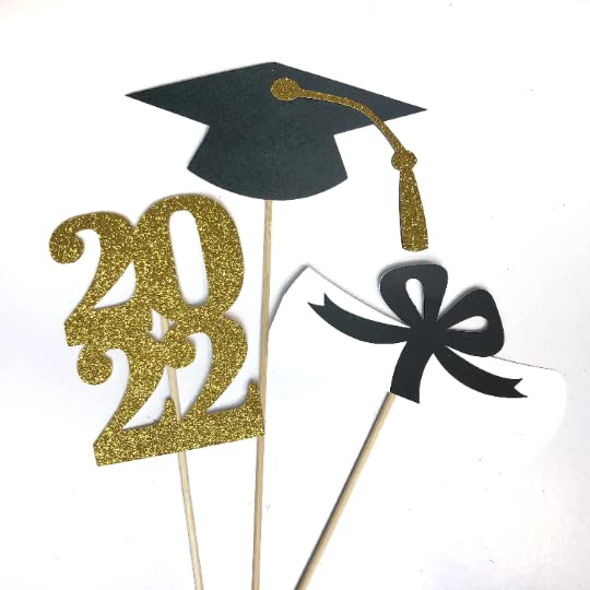 3 piece Black and Gold 2022 Graduation Centerpiece Picks - Class of 2022 Party Decorations