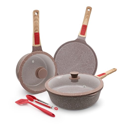 AIKENBBKK Juego de Ollas y Sartenes de Cerámica de 7 Piezas, Sartén 28 cm con Tapa, Cacerola 20 cm, Sartén para Crepe 26 cm, con Revestimiento Cerámico Antiadherente y Mango Extraíble