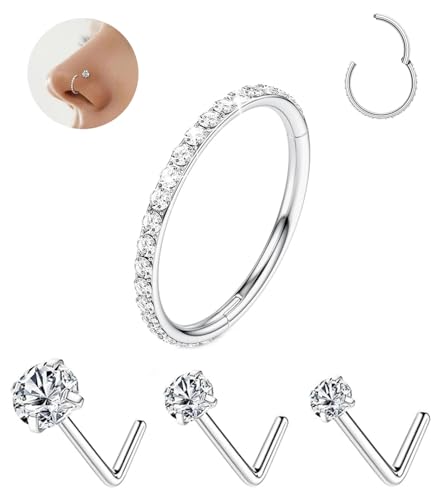 Purbeaut 18G Nose Rings Hoops and 20G Nose Studs Set for Women Men Hypoallergenic 316L Surgical Stainless Steel CZ Nose Ring Silver Nose Hoop L Shape Nose Rings Studs 1.5/2/3mm CZ Sets 4Pcs