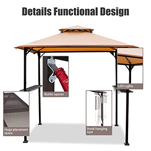 Warmally 8'X5' Grill Gazebo Bbq Patio Shelter Canopy For Outdoor Barbecue Waterproof Windproof Tent With 2 Led Lights(Beige) #TOP3