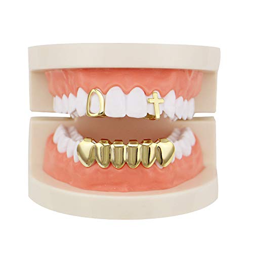 OOCC 18K Gold Plated 2pcs Single Top and Bottom Grills Teeh Grillz Set for Men Hip Hop Grillz Set