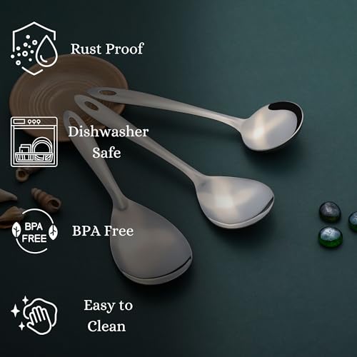 Image of Montavo by FnS 3 Pieces Stainless Steel Serving Tools Set | 1 Rice Spoon, 1 Soup Ladle (Karchi) & 1 Veg Serving Spoon | Premium Serving Utensils for Home, Kitchen, Dining, Restaurant & Hotel