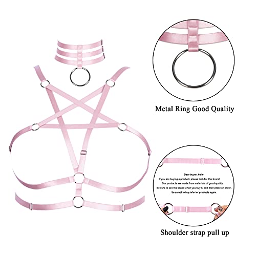 BBOHSS Damen Body Harness Pentagram Mode BH Dessous Käfig Gürtel Plus Size Elastic Punk Gothic Karneval Halloween Tanzkostüm (Rosa)