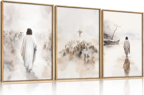 HPNIUB Large Watercolor Religious Christian Framed Canvas Wall Art,Jesus Walking on Water Wall Decor,Jesus Crucified Artwork,Holy Gathering Art Print for Living Room,Bedroom,Office 30X40CM