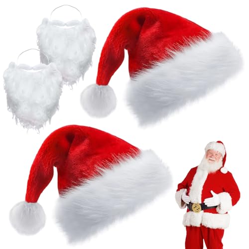 SSKHE 2 Pack Gorro de Navidad Adulto con Barba - Terciopelo Cómodo Grueso, Sombrero Santa Claus Unisex, Accesorio Disfraz para Fiesta de Año Nuevo